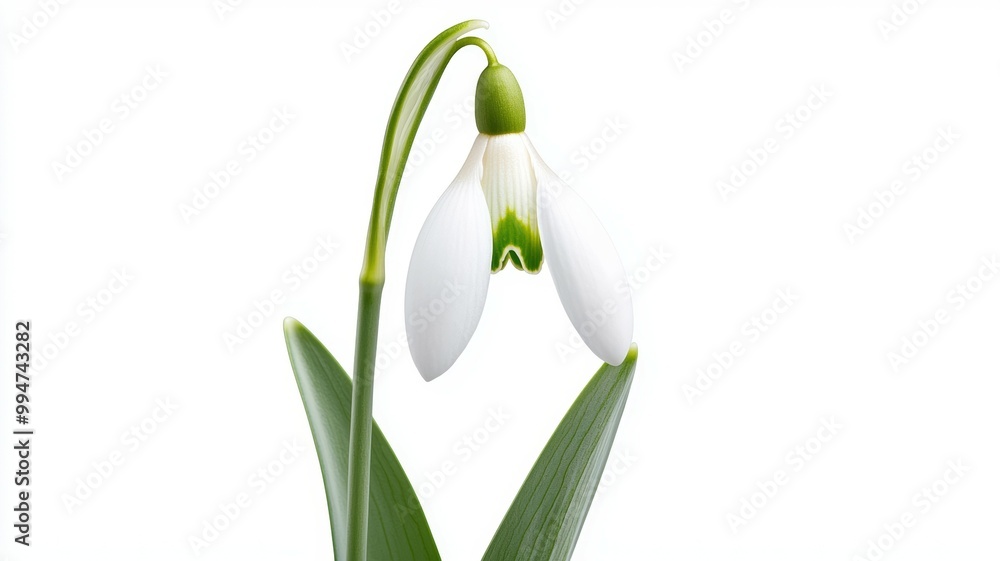 A white flower with green leaves is shown in the center of the image A white flower with green leaves is shown in the center of the image