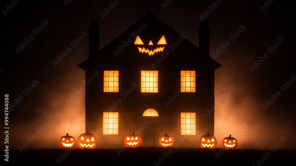 Haunted House with Glowing Pumpkins and Fog for Halloween Haunted House with Glowing Pumpkins and Fog for Halloween