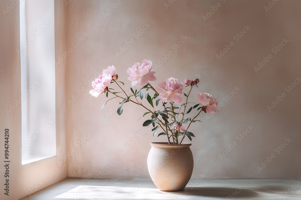 Delicate pink peonies bloom in a terracotta vase, bathed in soft natural light by a window. Delicate pink peonies bloom in a terracotta vase, bathed in soft natural light by a window.
