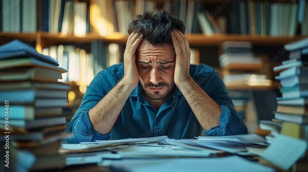 Exhausted Man Overwhelmed by a Pile of Papers and Books Exhausted Man Overwhelmed by a Pile of Papers and Books
