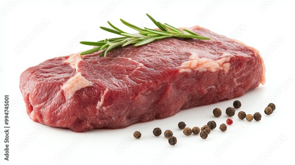 A piece of meat with a sprig of rosemary on top A piece of meat with a sprig of rosemary on top