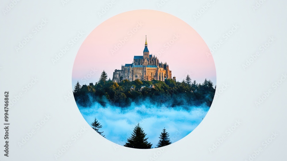 Obraz premium Mont Saint Michel Abbey Watercolor Painting Circular Design Foggy Dawn Medieval Archit