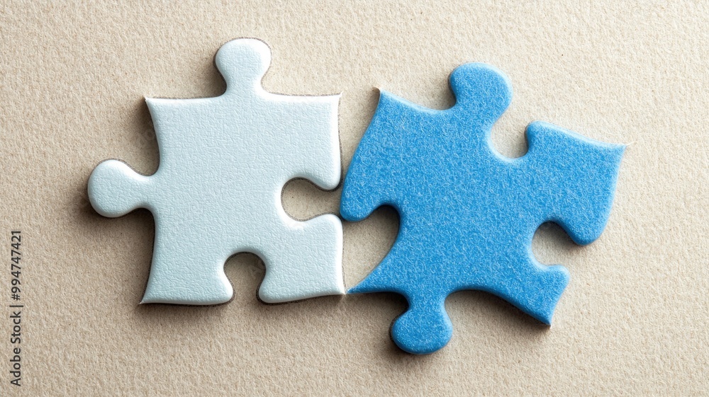 Two puzzle pieces fitting together on textured surface Two puzzle pieces fitting together on textured surface