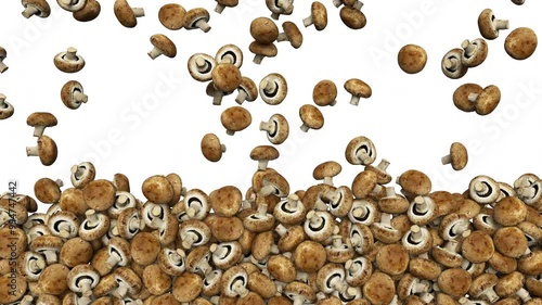 Falling champignon mushrooms on white background. 3d rendering animation. luma matte included