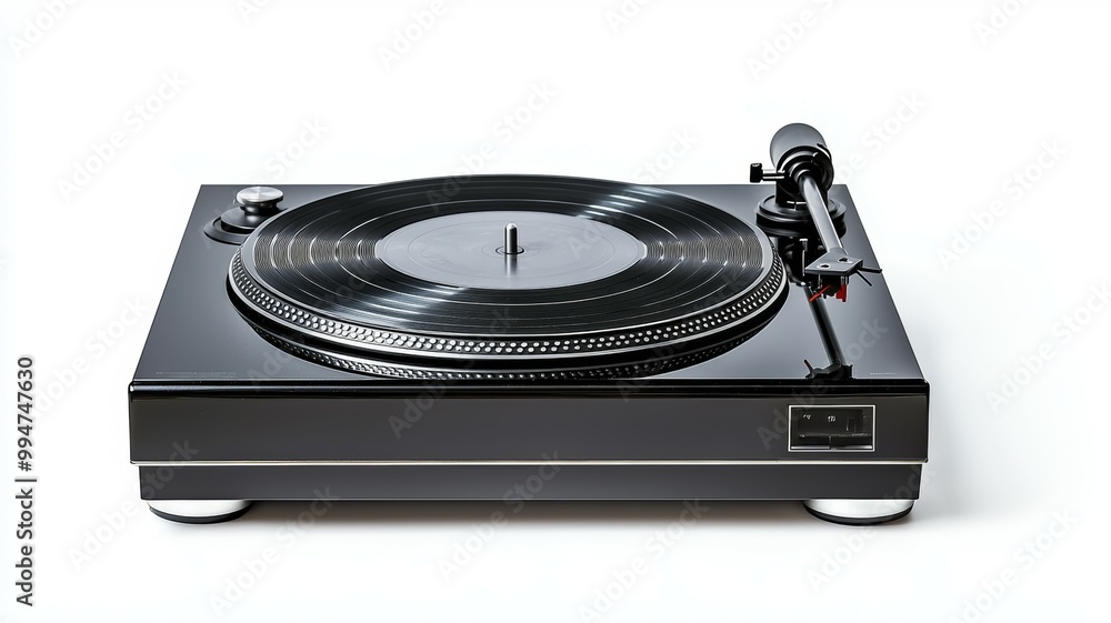 Fototapeta premium A black record player sits on a white background