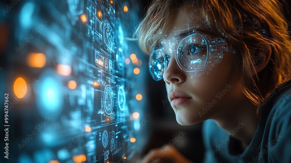 College student working on computer using AI artificial intelligence technology & machine learning. Interactive technology in classroom. Innovation & smart tech. AI blue holographic data in education College student working on computer using AI artificial intelligence technology & machine learning. Interactive technology in classroom. Innovation & smart tech. AI blue holographic data in education