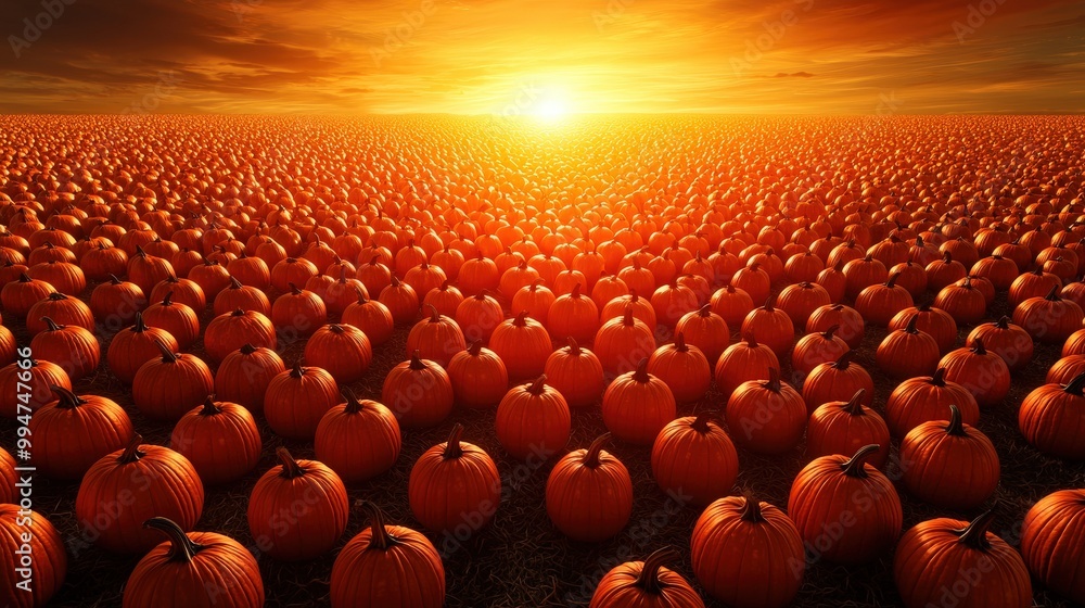 Fototapeta premium Pumpkin Patch Sunset Autumn Harvest Field with Golden Light