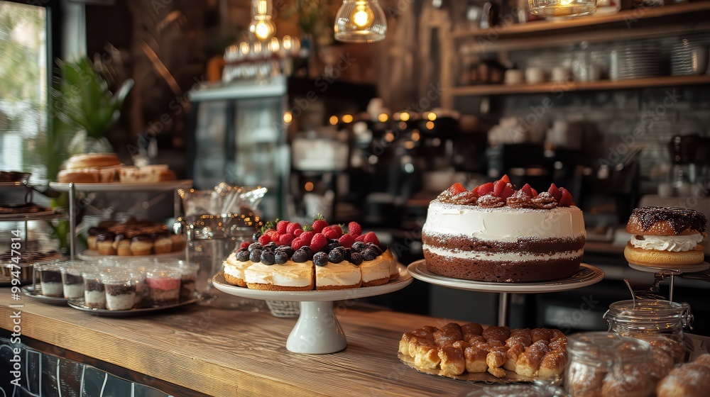 Cozy bakery with a variety of delicious cakes and pastries displayed on a wooden countertop in a warm and inviting ambiance. Cozy bakery with a variety of delicious cakes and pastries displayed on a wooden countertop in a warm and inviting ambiance.