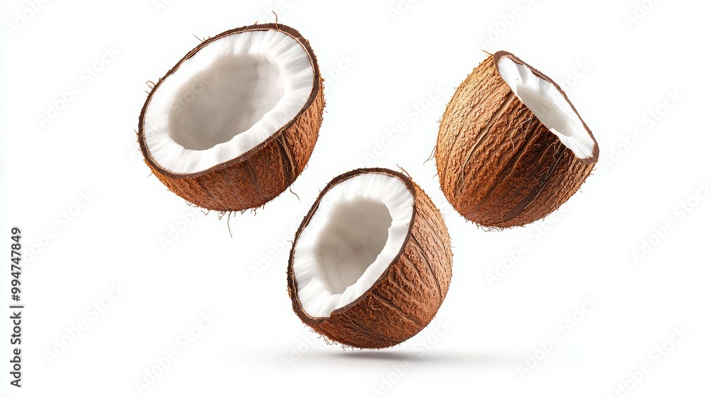 Three coconuts are shown in the air, with one of them being cut open Three coconuts are shown in the air, with one of them being cut open