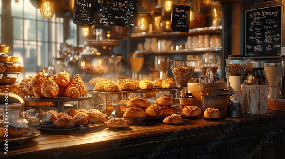 Cozy bakery with a warm atmosphere, featuring a variety of fresh pastries and breads displayed on a wooden counter, perfect morning treat. Cozy bakery with a warm atmosphere, featuring a variety of fresh pastries and breads displayed on a wooden counter, perfect morning treat.