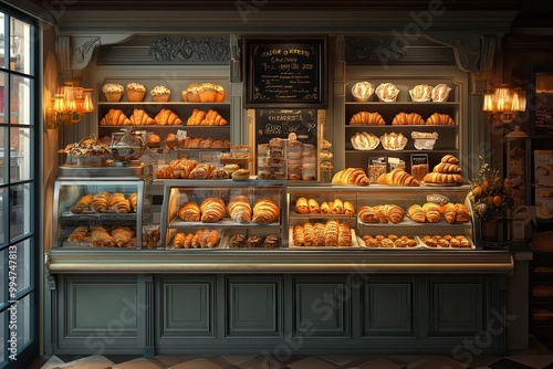 Cozy bakery with a variety of fresh bread and pastries displayed on wooden shelves, creating a warm and inviting atmosphere.