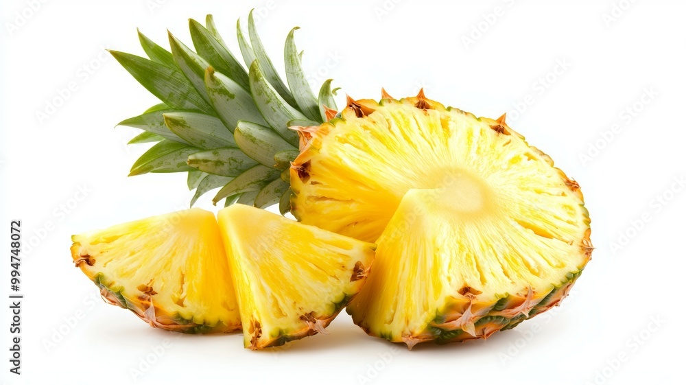 A slice of pineapple is cut in half and placed on a white background A slice of pineapple is cut in half and placed on a white background
