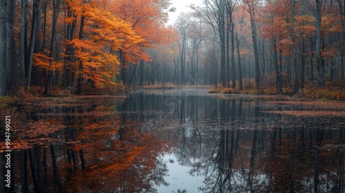 Tranquil autumn forest pond with reflections of trees and leaves.