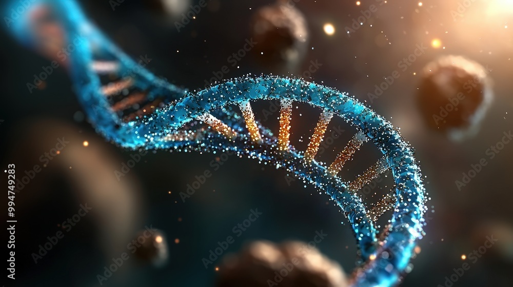 Luminous Blue DNA Strand with Sparkly Particles 3D Render Luminous Blue DNA Strand with Sparkly Particles 3D Render
