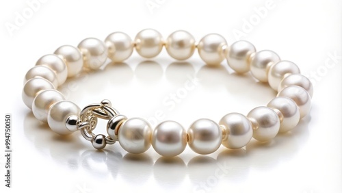 This elegant pearl bracelet is reflecting on a white surface