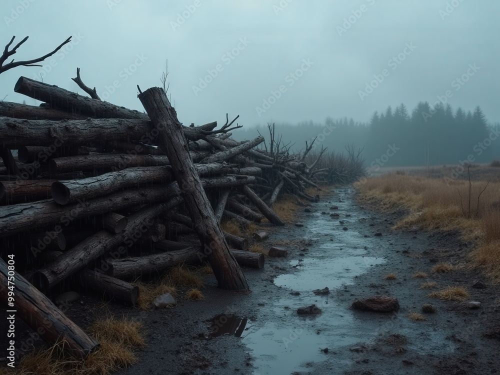 Misty Forest Pathway with Stacked Logs on a Rainy Day Misty Forest Pathway with Stacked Logs on a Rainy Day