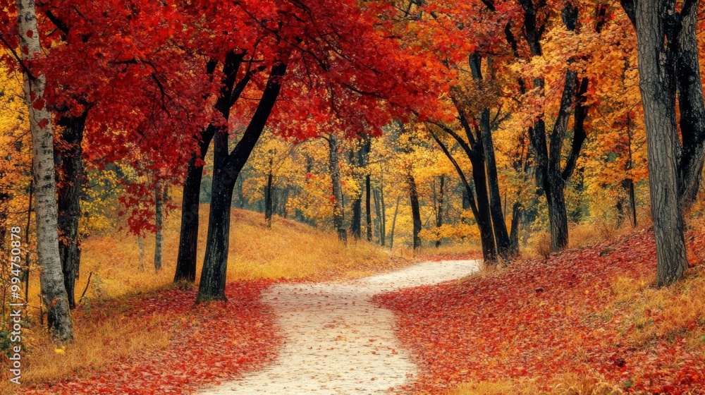 Fototapeta premium A Winding Path Through a Forest of Vibrant Autumn Colors