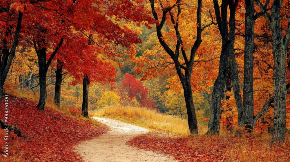 Fototapeta premium Winding Path Through Autumnal Forest with Red and Yellow Leaves