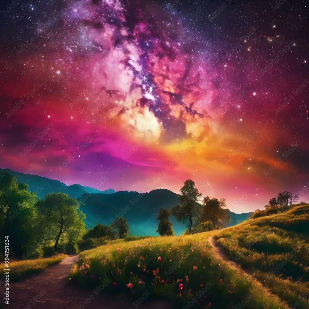 Fototapeta premium Two Paths Leading Through Field Towards Starry Sky
