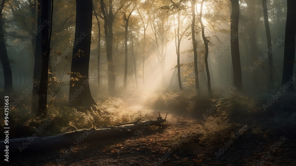 Fototapeta premium A mysterious foggy woodland tall trees shrouded