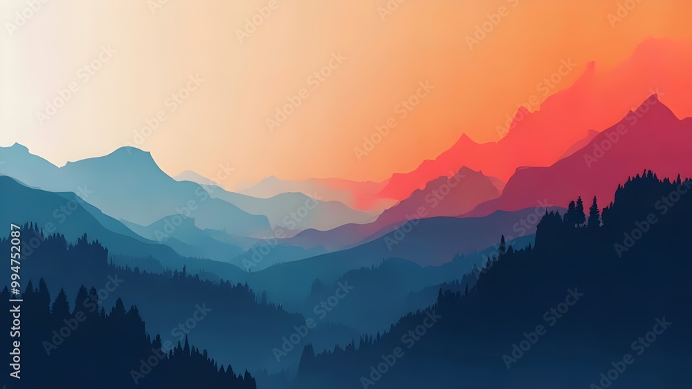 Mountain Range Silhouette at Sunset, Orange and Blue Hues Mountain Range Silhouette at Sunset, Orange and Blue Hues