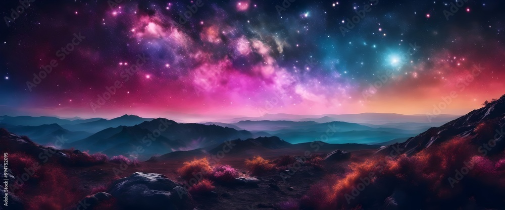 Obraz premium Mountain Range Under Starry Sky, Galaxy View