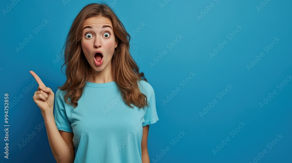Excited Woman Pointing Upwards with Surprised Expression Excited Woman Pointing Upwards with Surprised Expression