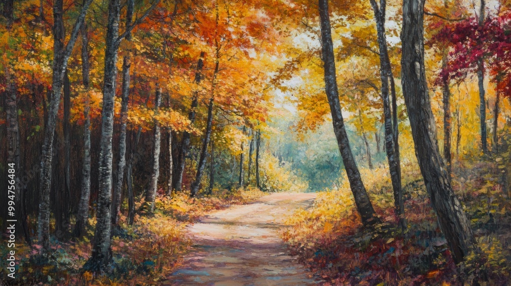 A Path Through an Autumnal Forest with Golden Leaves A Path Through an Autumnal Forest with Golden Leaves