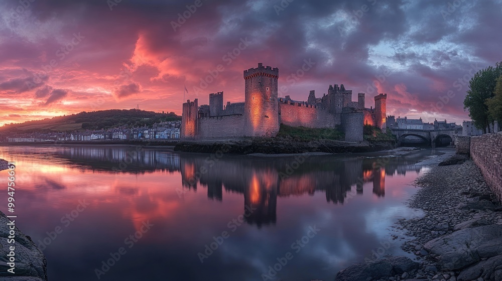 Obraz premium Castle on the River at Sunset
