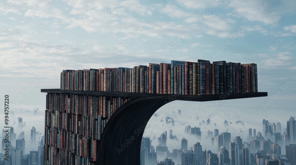 Fototapeta premium Floating Books Connecting Cities and Bridges