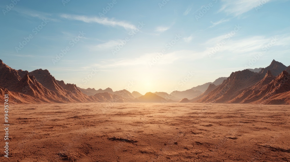 Vast Desert Landscape with Distant Oasis at Sunset Vast Desert Landscape with Distant Oasis at Sunset