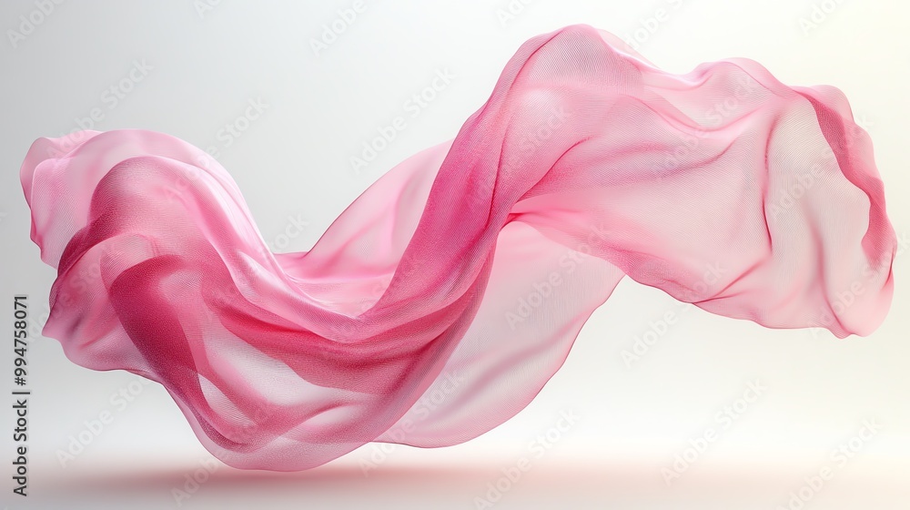 Sheer pink fabric caught in a gentle breeze, floating dynamically in the air, crisp white background, floating pink fabric, elegant movement concept, 3D illustration