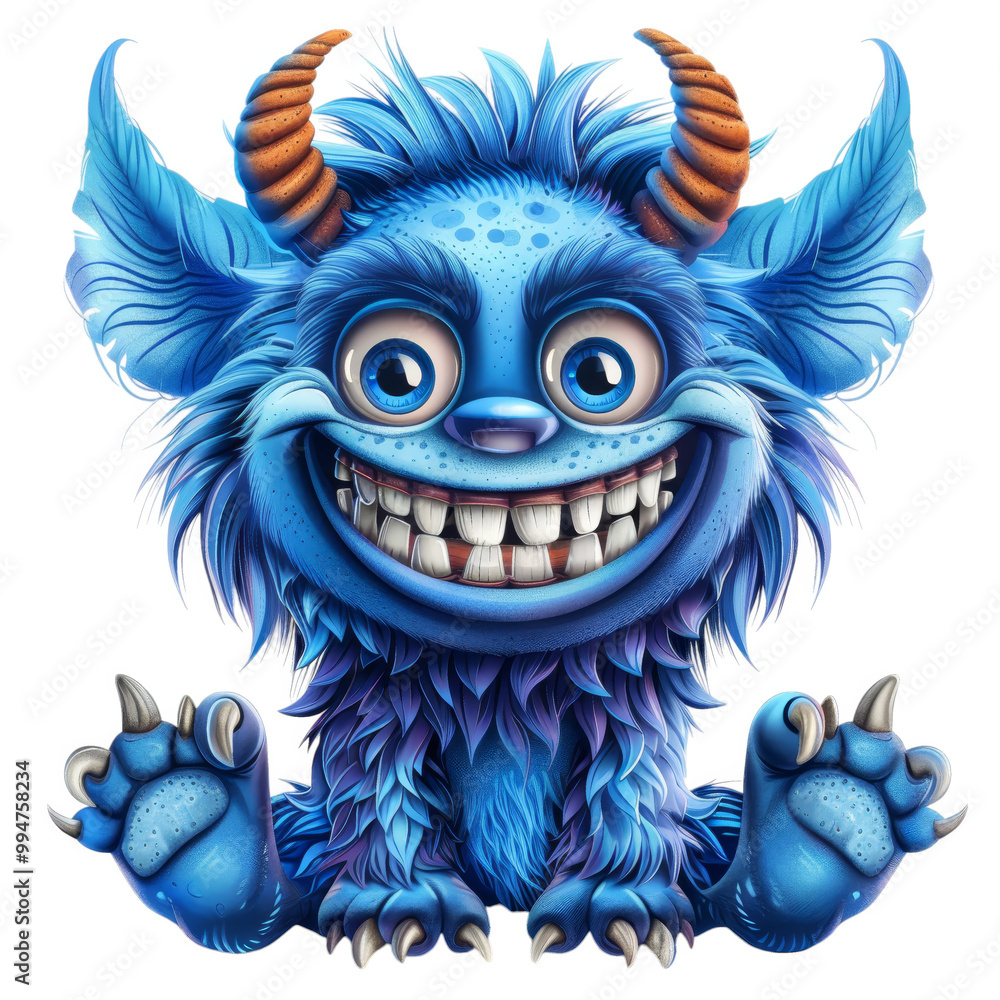 Naklejka premium A cheerful blue monster with big eyes, a wide grin, and orange horns.