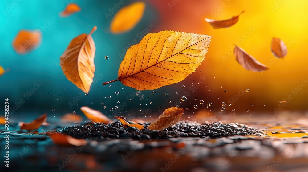 Falling Autumn Leaves with Water Drops on Colorful Background