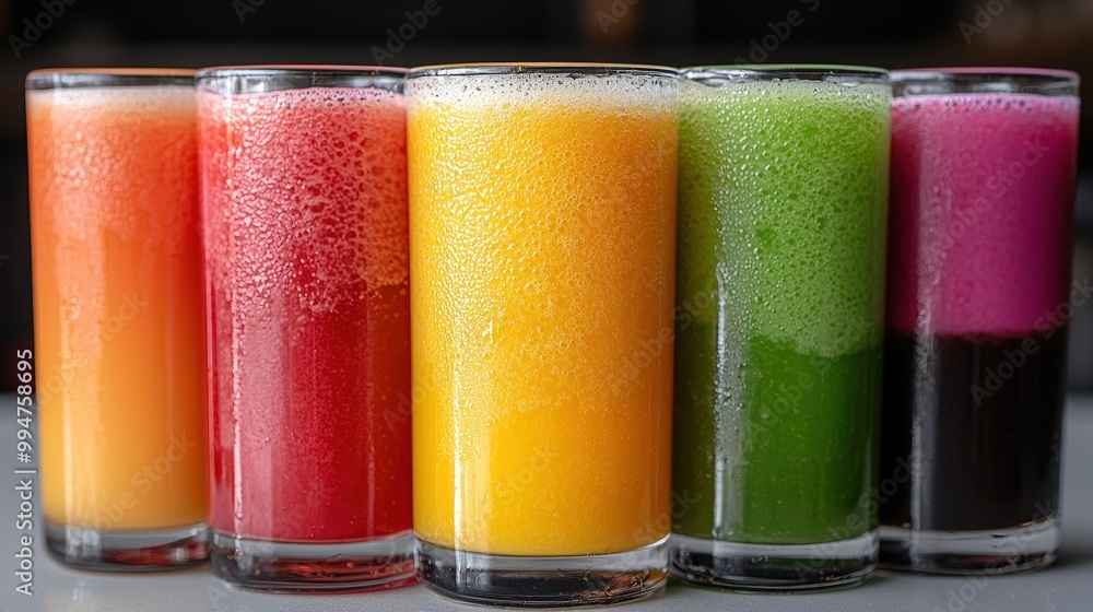 Colorful Freshly Squeezed Juice Glasses  Healthy Drink  Smoothie Bar  Refreshing Beverages