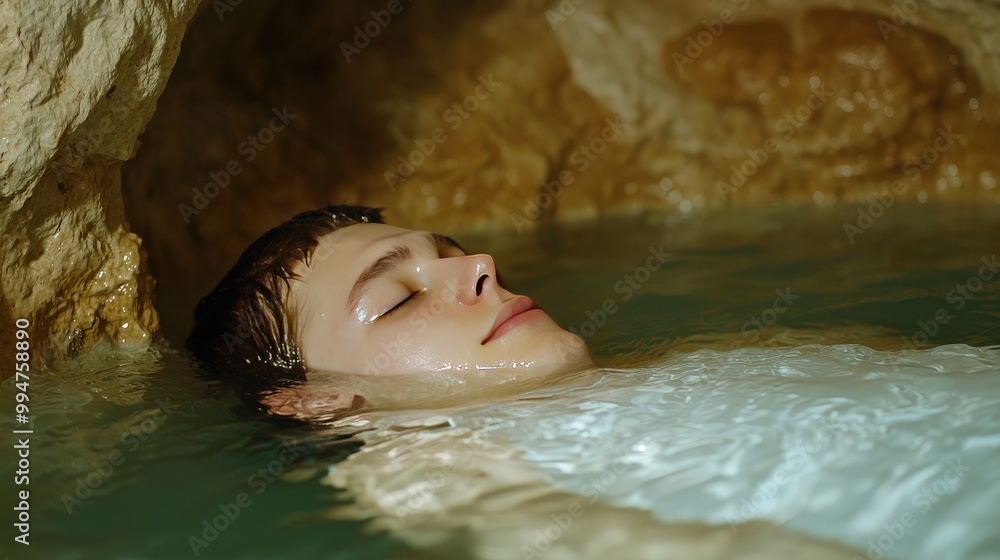 Relaxing in a Tranquil Cave Pool Man Floating in Natural Spa Relaxing in a Tranquil Cave Pool Man Floating in Natural Spa