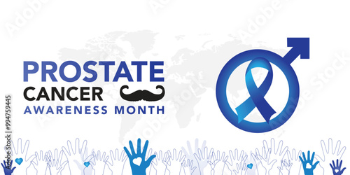 Prostate Cancer Awareness Month. September observance campaign design poster. Blue Featuring ribbon and male gender symbol on Monochrome blue patterned background.