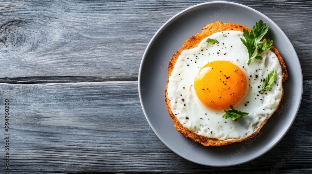 Fried Egg on Toast with Fresh Herbs on Gray Plate Fried Egg on Toast with Fresh Herbs on Gray Plate