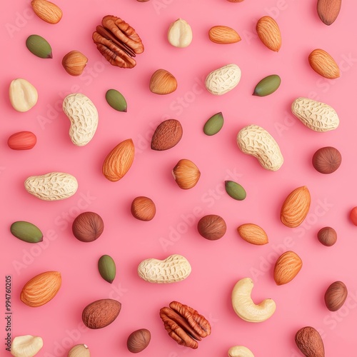 Assorted Nuts and Seeds on Pink Background