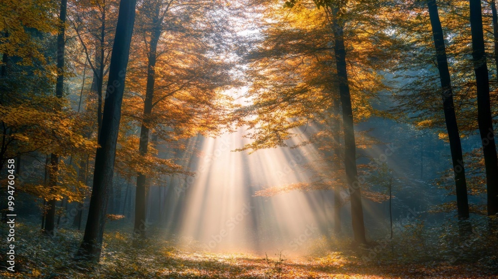 Sunbeams Piercing Through Fog in an Autumn Forest Sunbeams Piercing Through Fog in an Autumn Forest