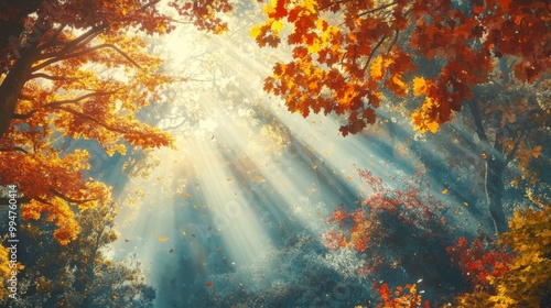 Sunbeams Through Autumn Leaves in a Forest