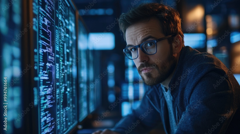 Serious man in glasses works on coding at multiple computer screens dark room Serious man in glasses works on coding at multiple computer screens dark room