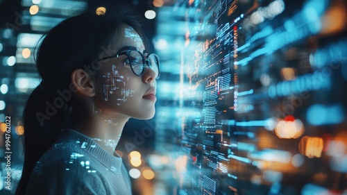 Asian female analyzing digital data on futuristic virtual screen
