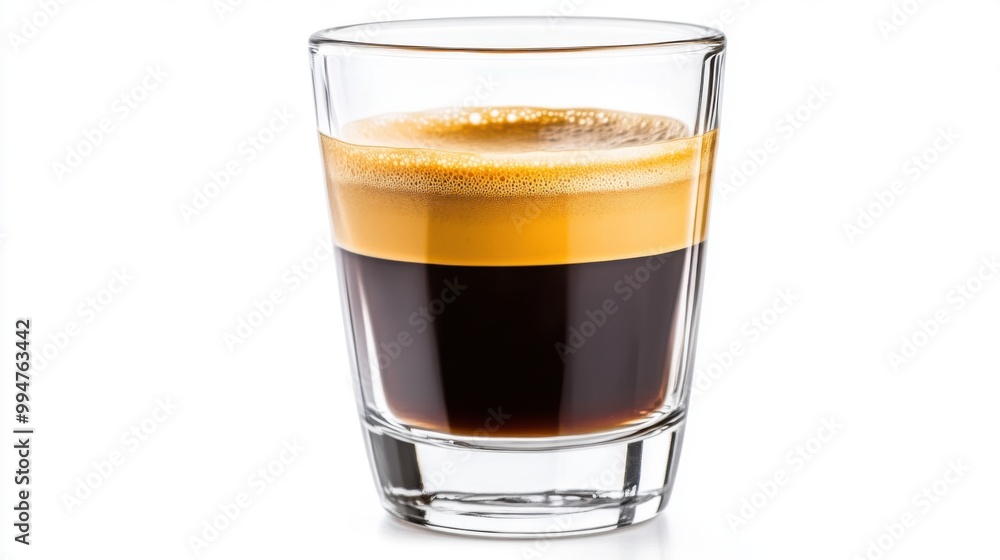 Espresso in a clear glass, showcasing rich crema on a dark background. Espresso in a clear glass, showcasing rich crema on a dark background.