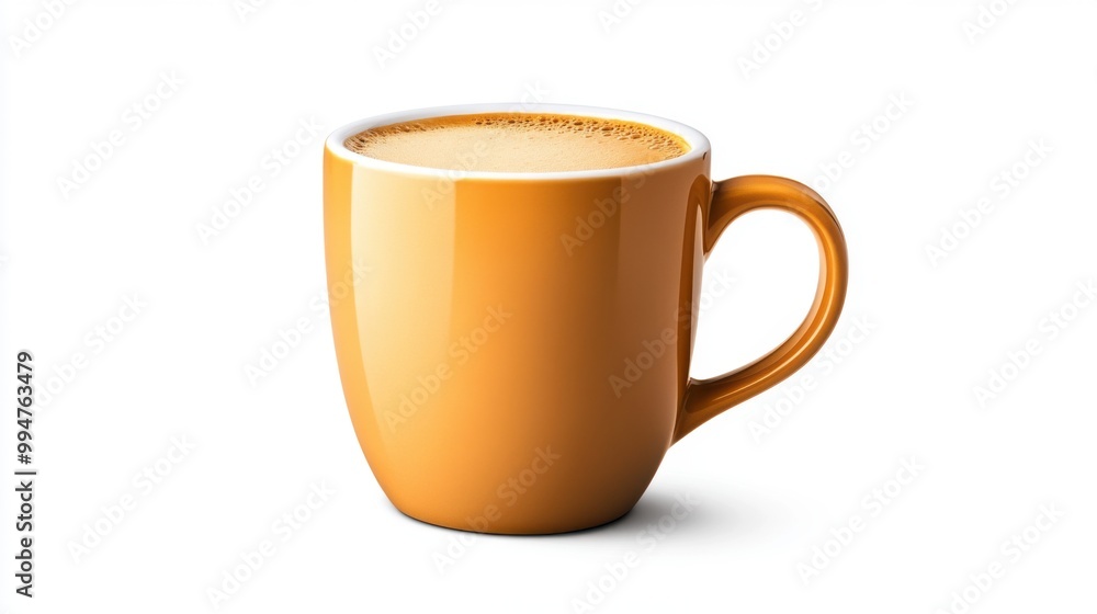 Orange coffee mug filled with coffee, isolated on a white background. Orange coffee mug filled with coffee, isolated on a white background.