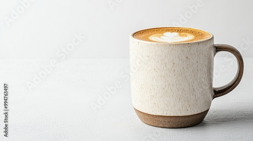 Warm coffee mug with latte art on a light surface, inviting and cozy atmosphere. photo