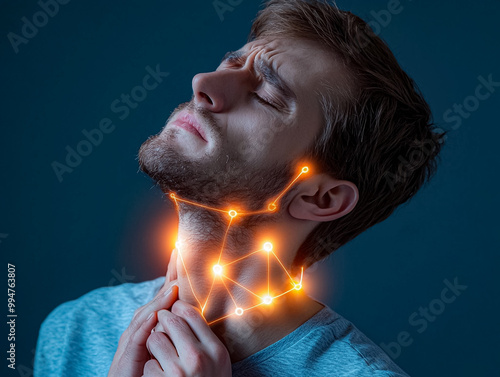 A man with a neck is shown with a lot of dots and lines surrounding his neck