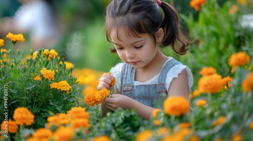 A Young Girl Examining a Marigold Flower in a Garden