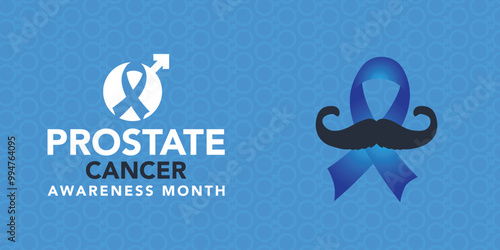 Prostate Cancer Awareness Month. September observance campaign design poster. Blue Featuring ribbon and male gender symbol on Monochrome blue patterned background.