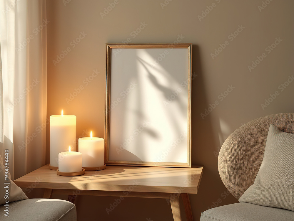 Elegant close-up frame mockup in a cozy beige room with candles, 3D rendered, perfect for interior design and graphic design projects Elegant close-up frame mockup in a cozy beige room with candles, 3D rendered, perfect for interior design and graphic design projects